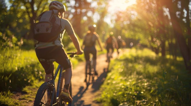 Ein Radfahrer mit Rucksack auf einem sonnigen Waldweg, im goldenen Abendlicht. Weitere Radler fahren voraus durch die sommerliche Natur der Uckermark.